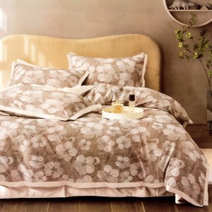 Lenjerie pat dublu, bumbac satinat, cu doua feţe, 4 piese,  Alb, Bej, Flori