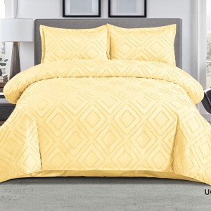 Lenjerie de Pat Premium, Bumbac Finet, Smocuri Brodate, 4 Piese, Nesifonabilă și Durabilă, Geometry, Galben Pai