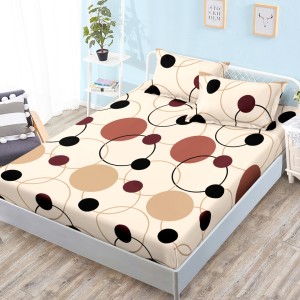 Cearsaf cu elastic, Bumbac FINET, 160x200cm, 2 fete de perne 50x70cm, Bej, Maro, Buline, Cercuri