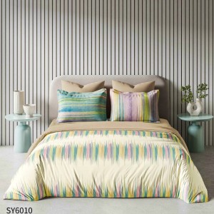 Lenjerie pat dublu,  FINET, Imprimeu Digital, cu ELASTIC, Crem, Bej, Dungi Colorate