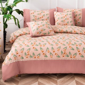 Lenjerie Pat Dublu,  Finet Satinat, CEARSAF CU ELASTIC, 6 piese, Somon, Flori