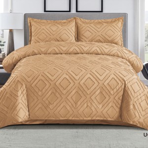 Lenjerie de Pat Premium, Bumbac Finet, Smocuri Brodate, 4 Piese, Nesifonabilă și Durabilă, Geometry, Bej inchis