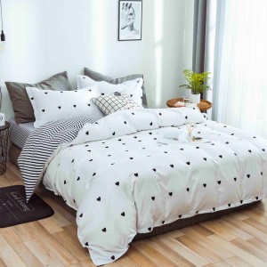 Lenjerie pat dublu, bumbac satinat,  cu elastic, Alb, Negru, inimioare