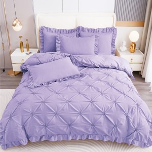 Lenjerie de Pat Premium, Bumbac Finet, Pliuri Brodate cu Volanase, 4 Piese, Nesifonabilă și Durabilă, Lila