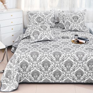 Cuvertură Pat Dublu, Bumbac cu In, Model Brodat Direct în Tesătură, 230x250 cm, 2 fete de perna 52x72cm, 2 fete de perna 46x46cm, Alb, Gri, Model Royal