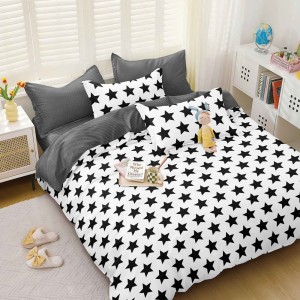 Lenjerie pat dublu cu doua feţe, bumbac satinat, 4 piese,  Alb, Negru, stelute