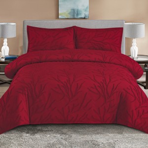 Lenjerie de Pat Premium, Bumbac Finet, Smocuri Brodate, 4 Piese, cu ELASTIC, Nesifonabilă și Durabilă, Tree, Rosu