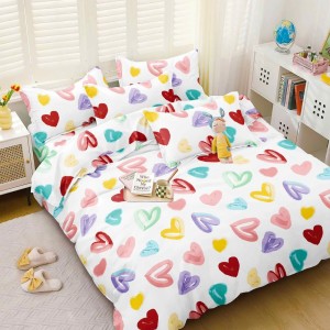 Lenjerie pat dublu, bumbac satinat,  cu elastic, alb, inimioare