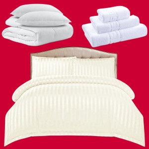 Pachetul Hotel EXPERIENCE: Lenjerie Pat Dublu, 4 piese din Damasc Finetat + Pilota 200x230cm + 2 Perne 50x70cm + 3 Prosoape din Bumbac, AT-77