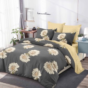 Lenjerie pat dublu,  FINET, cu elastic, 6 piese, Gri, Bej, Flori