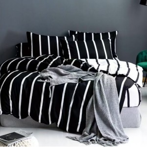 Lenjerie pat dublu, bumbac satinat,  cu elastic, Alb, Negru, dungi