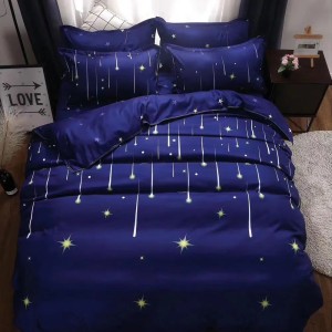 Lenjerie pat dublu, bumbac satinat, cu doua feţe, 4 piese,  Bleumarin, Albastru, comete