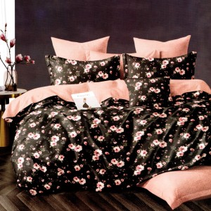 Lenjerie pat dublu, bumbac satinat, cu doua feţe, 4 piese,  Negru, Roz, Flori