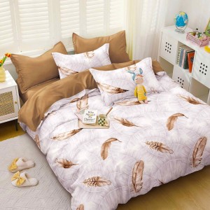 Lenjerie pat dublu, bumbac satinat,  cu elastic, Maro, Pene