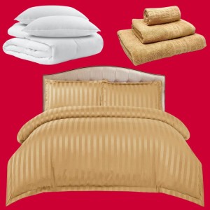 Pachetul Hotel EXPERIENCE: Lenjerie Pat Dublu, 4 piese din Damasc Finetat + Pilota 200x230cm + 2 Perne 50x70cm + 3 Prosoape din Bumbac, AT-097