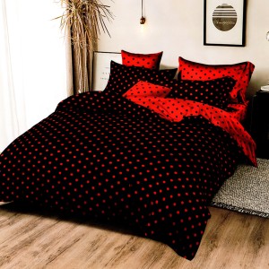 Lenjerie pat dublu, bumbac satinat, cu doua feţe, 4 piese,  Negru, Rosu, Buline