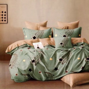 Lenjerie pat dublu, bumbac satinat, cu doua feţe, 4 piese,  Verde, Bej, stelute