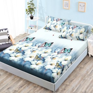 Cearsaf cu elastic, Bumbac FINET, 160x200cm, 2 fete de perne 50x70cm, Bleu, Flori, Fluturi