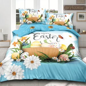 Lenjerie de Pat Dublu,  Finet, Imprimeu Digital cu Oua, IDENTIC CU POZA, 4 Piese, Bleu