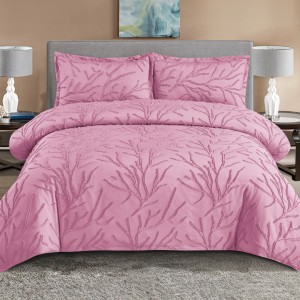 Lenjerie de Pat Premium, Bumbac Finet, Smocuri Brodate, 4 Piese, cu ELASTIC, Nesifonabilă și Durabilă, Tree, Roz