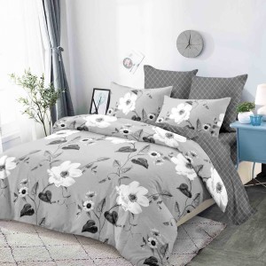 Lenjerie pat dublu,  FINET, cu elastic, 6 piese, Gri, Flori
