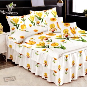 Lenjerie Premium Pat Dublu  FINET, 6 Piese – Volănașe Sofisticate, Fixare Perfectă cu Elastic, Alb, Galben, Flori, Fluturi