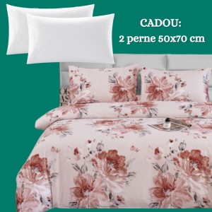 Lenjerie de Pat 4 Piese din Bumbac Satinat cu Cearșaf cu Elastic + 2 Perne Cadou 50x70 cm, cod INS-LSG113