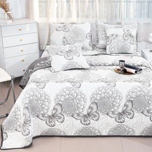 Cuvertură Pat Dublu, Bumbac cu In, Model Brodat Direct în Tesătură, 230x250 cm, 2 fete de perna 52x72cm, 2 fete de perna 46x46cm, Alb, Gri, Flori, Fluturi