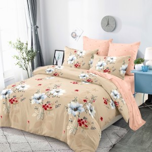 Lenjerie pat dublu,  FINET, cu elastic, 6 piese, Bej, Flori