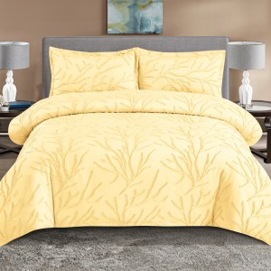 Lenjerie de Pat Premium, Bumbac Finet, Smocuri Brodate, 4 Piese, cu ELASTIC, Nesifonabilă și Durabilă, Tree, Galben Pai