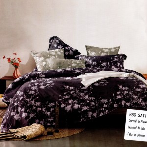 Lenjerie pat dublu, bumbac satinat, cu doua feţe, 4 piese,  Bleumarin, Gri, Flori