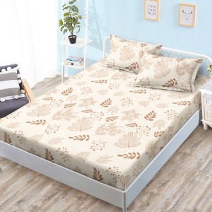 Cearsaf cu elastic, Bumbac FINET, 160x200cm, 2 fete de perne 50x70cm, Bej, Frunze