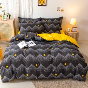 Lenjerie pat dublu, bumbac satinat,  cu elastic, Negru, Galben, stelute