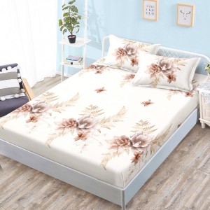 Cearsaf cu elastic, Bumbac FINET, 160x200cm, 2 fete de perne 50x70cm, Bej, Flori
