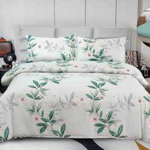 Lenjerie pat dublu, bumbac satinat,  Cearșaf cu ELASTIC 180x200cm, 4 PIESE, Verde, frunze