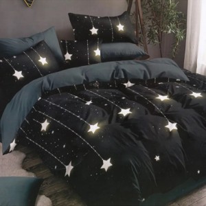 Lenjerie pat dublu, bumbac satinat, cu doua feţe, 4 piese,  Gri inchis, Alb, stelute