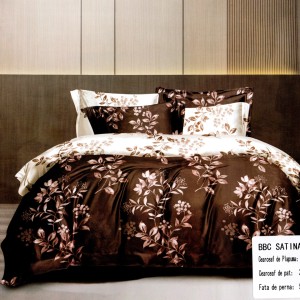 Lenjerie pat dublu, bumbac satinat, cu doua feţe, 4 piese,  Maro, Alb, Frunze
