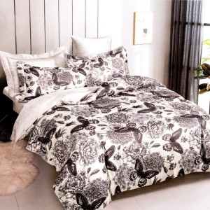 Lenjerie pat dublu, bumbac satinat, cu doua feţe, 4 piese, Gri, Negru, Flori, Fluturi