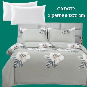 Lenjerie de Pat 4 Piese din Bumbac Satinat cu Cearșaf cu Elastic + 2 Perne Cadou 50x70 cm, cod INS-LSG158