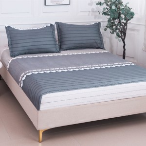 Cearșaf cu Elastic 180x200 cm + 2 Fețe de Pernă 50x70 cm, Gri, Dungi si Inimioare