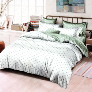 Lenjerie pat dublu, bumbac satinat, cu doua feţe, 4 piese,  Alb, Vernil, Buline