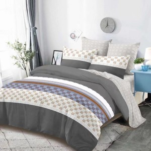 Lenjerie pat dublu,  FINET, cu elastic, 6 piese, Gri, Bej, Dungi