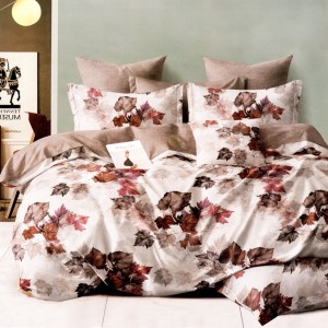 Lenjerie pat dublu, bumbac satinat, cu doua feţe, 4 piese,  Alb, Bej, Frunze Tomnatice