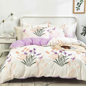 Lenjerie pat dublu cu doua feţe, bumbac satinat, 4 piese,  Crem, Mov, flori