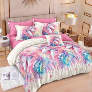 Lenjerie pat dublu,  FINET, 6 piese, cu ELASTIC, Roz, Bleu, unicorni fantasy