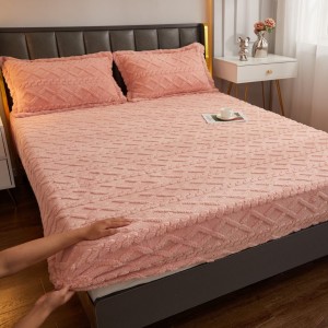 Cearșaf cu Elastic Cocolino, Model 3D Tricotat, 180x200x25 cm – Set cu 2 Fețe de Pernă, Gros și Pufos, Somon