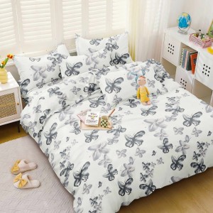 Lenjerie pat dublu, bumbac satinat,  cu elastic, Alb unt, fluturi