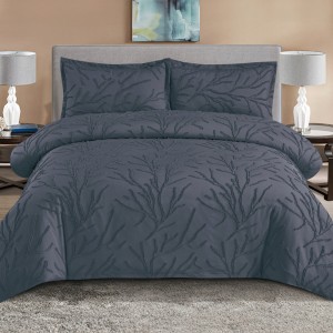 Lenjerie de Pat Premium, Bumbac Finet, Smocuri Brodate, 4 Piese, cu ELASTIC, Nesifonabilă și Durabilă, Tree, Antracit