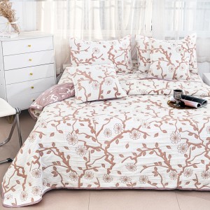 Cuvertură Pat Dublu, Bumbac cu In, Model Brodat Direct în Tesătură, 230x250 cm, 2 fete de perna 52x72cm, 2 fete de perna 46x46cm, Alb, Roz, Crenguțe cu Flori