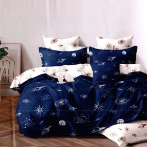 Lenjerie pat dublu, bumbac satinat, cu doua feţe, 4 piese,  Bleumarin, Alb, galaxie